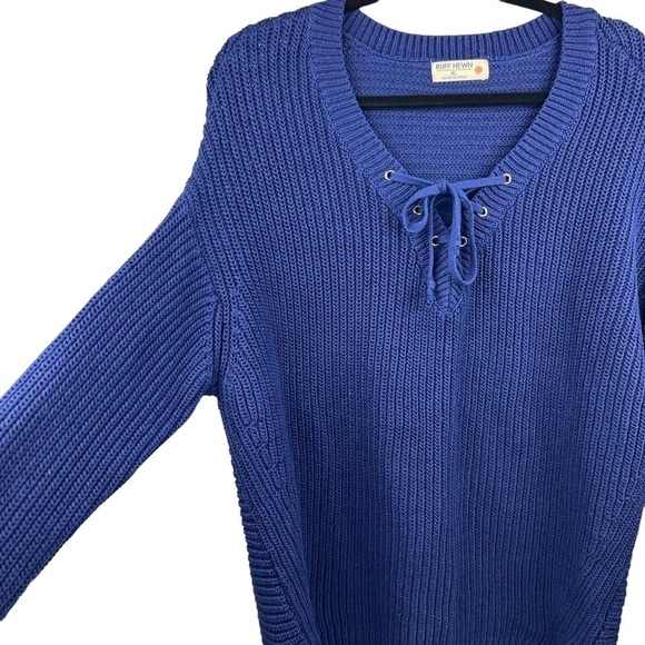 Y2K RUFF HEWN Chunky Ribbed Oversized Blue Sweater Size XL 1X V-Neck Pullover - Picture 4 of 9